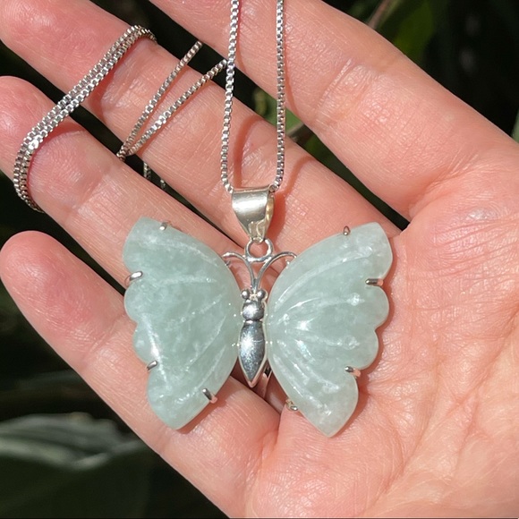 Jadeite jade butterfly 925 silver pendant chain - Picture 2 of 13